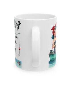 a white mug with a cartoon character on it