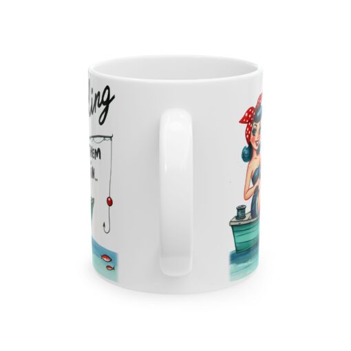 a white mug with a cartoon character on it