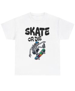 a white t-shirt with a skeleton skateboarding on it