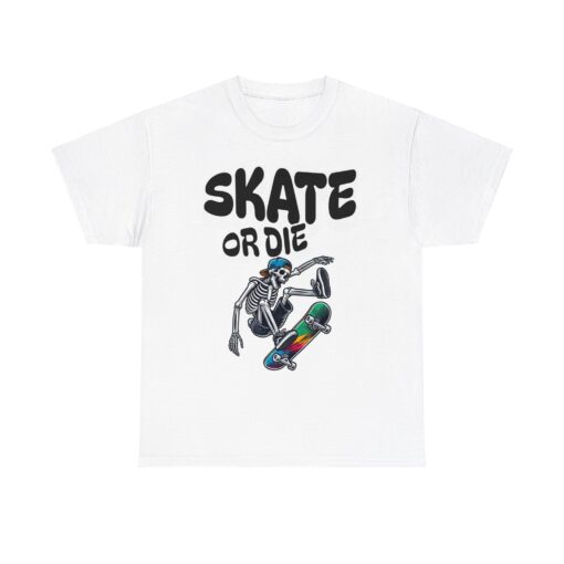 a white t-shirt with a skeleton skateboarding on it