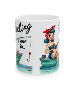 a mug with a cartoon girl fishing