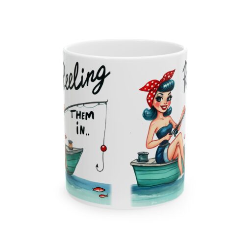 a mug with a cartoon girl fishing