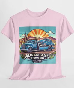 a pink t-shirt with a picture of a truck and a sunset