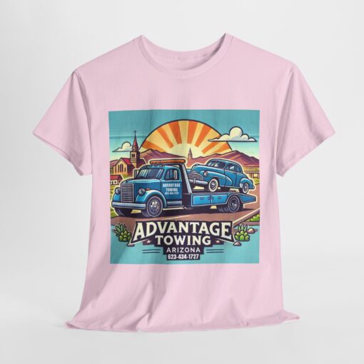 a pink t-shirt with a picture of a truck and a sunset