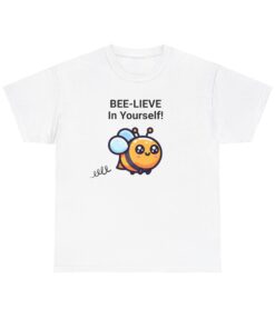 a white t-shirt with a cartoon bee on it