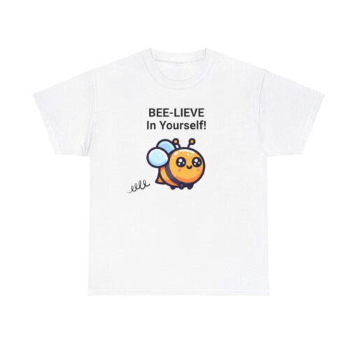 a white t-shirt with a cartoon bee on it