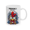 Humorous white ceramic mug depicting a messy chicken with the phrase Mornings Be Like