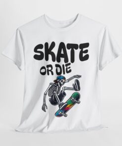 a white shirt with a skeleton skateboarding on it