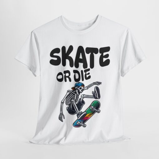 a white shirt with a skeleton skateboarding on it