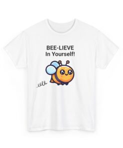 a white t-shirt with a cartoon bee on it