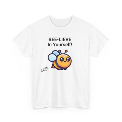 a white t-shirt with a cartoon bee on it