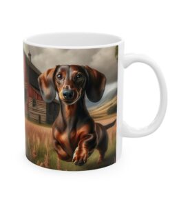 a white mug with a dog on it