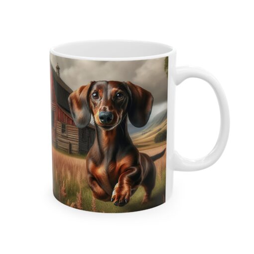 a white mug with a dog on it