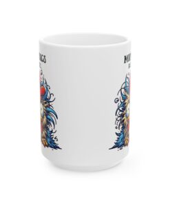 Humorous white ceramic mug depicting a messy chicken with the phrase Mornings Be Like