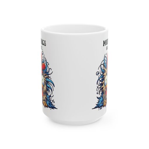 Humorous white ceramic mug depicting a messy chicken with the phrase Mornings Be Like