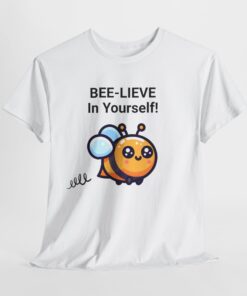 a white t-shirt with a cartoon bee on it