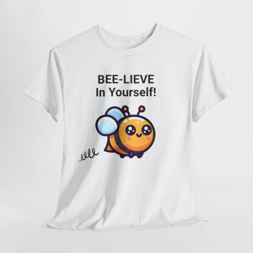 a white t-shirt with a cartoon bee on it