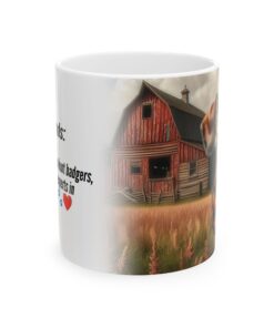 a mug with a picture of a barn and a dog