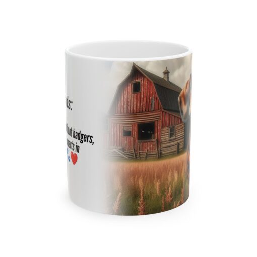 a mug with a picture of a barn and a dog