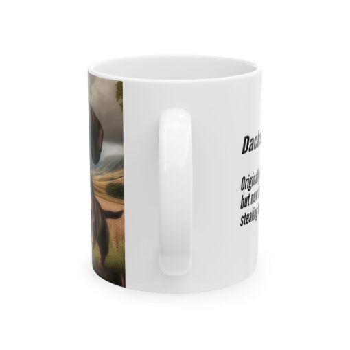 a white mug with a picture of a dog