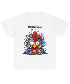 a white t-shirt with a cartoon rooster