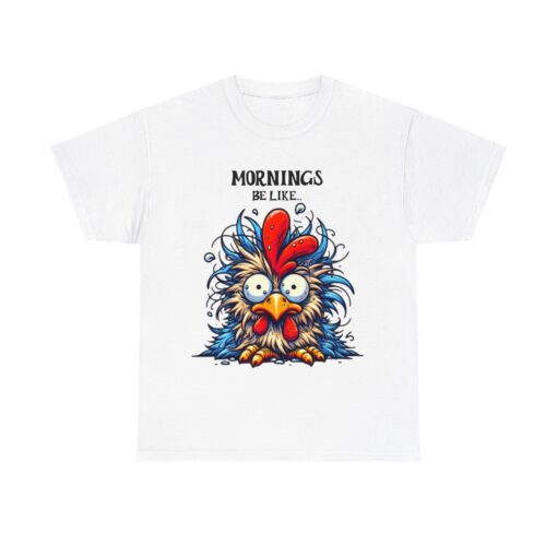 a white t-shirt with a cartoon rooster