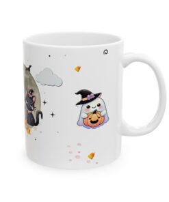 a white mug with cartoon characters on it