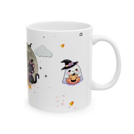 a white mug with cartoon characters on it