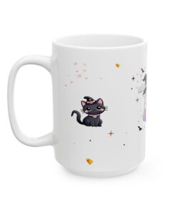 a white mug with cartoon cats on it