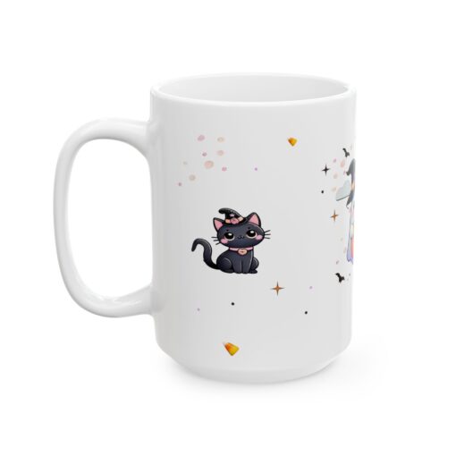 a white mug with cartoon cats on it