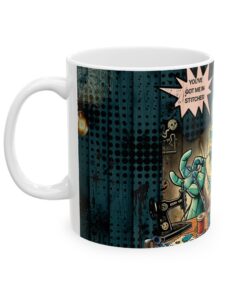 a white mug with a comic book scene