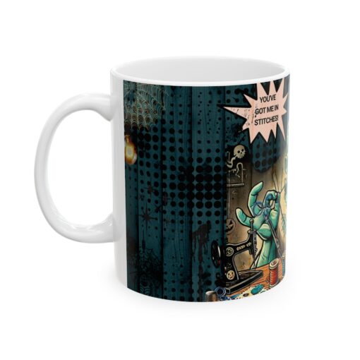 a white mug with a comic book scene