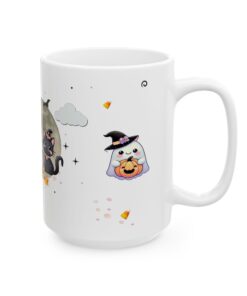 a white mug with cartoon characters on it