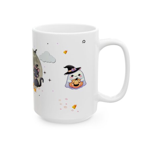 a white mug with cartoon characters on it