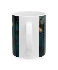 a white mug with a blue design on it