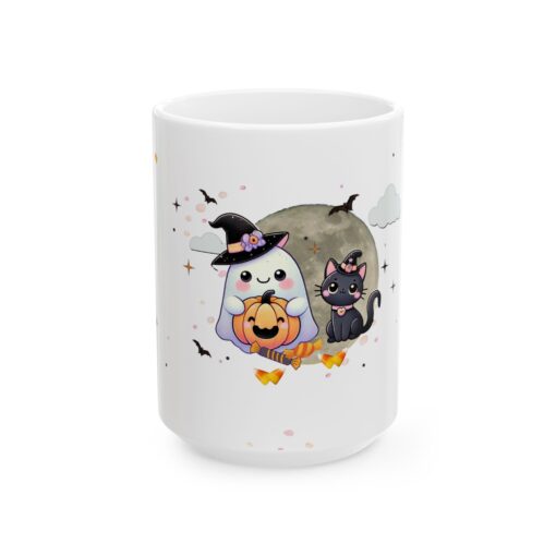 a white mug with cartoon characters on it