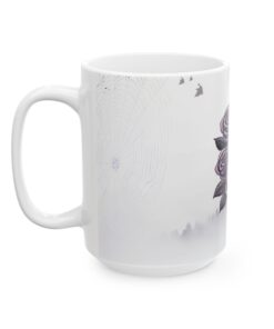 a white mug with a picture of a spider web and a purple flower