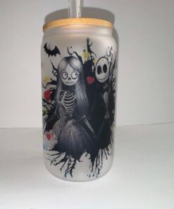 Frosted Glass Cup with halloween characters on it