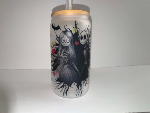 Frosted Glass Cup with halloween characters on it