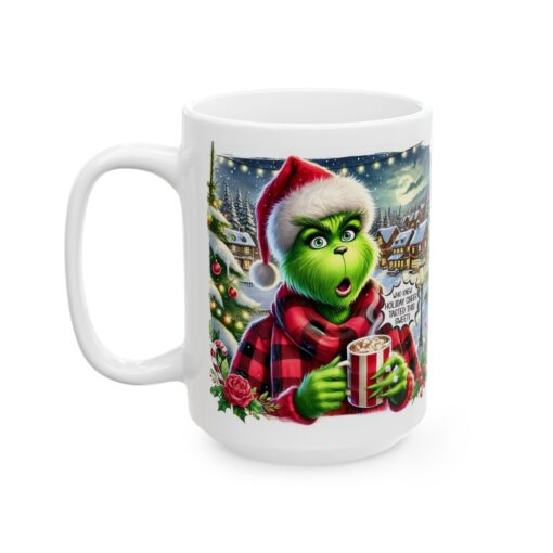 Who Knew Holiday Cheer Tasted This Sweet coffee mug featuring a festive holiday scene with a snowy village, holiday lights, and whimsical character enjoying a warm beverage