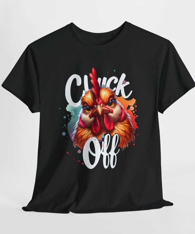Black cotton shirt with chicken on it that says Cluck off