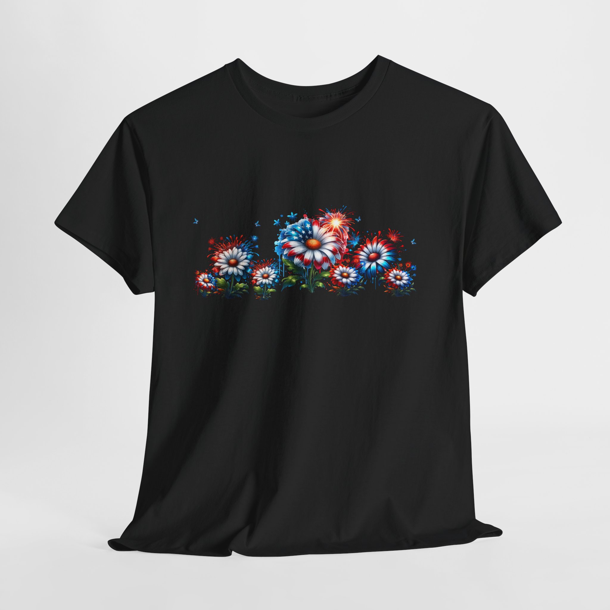 Patriotic Fireworks and Daisies Cotton Tee 1 Patriotic Fireworks and Daisies Cotton Tee